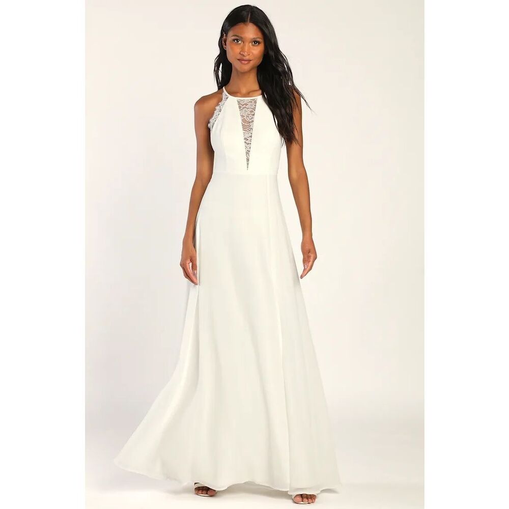 NEW Lulus Romantic Mood Lace Sleeveless Maxi Dress in White Small